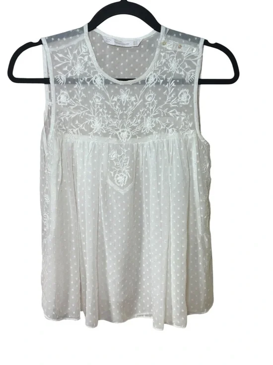 Zara Embroidered Dotted Mesh Top Chiffon Sleeveless 2017 Blogger Fave XS Ecru - Picture 2 of 12